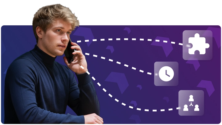 Ein Mann, der telefoniert, im Hintergrund sind Informationstafeln mit Symbolen zu sehen, die auf die effizienten Funktionen der Software hinweisen.